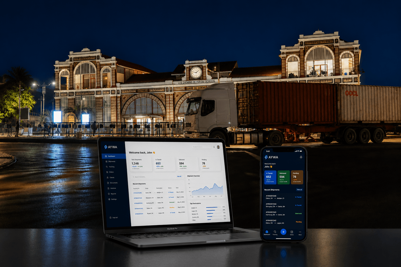 Le tableau de bord Aywa devant la Gare de Dakar, à l'heure bleue
